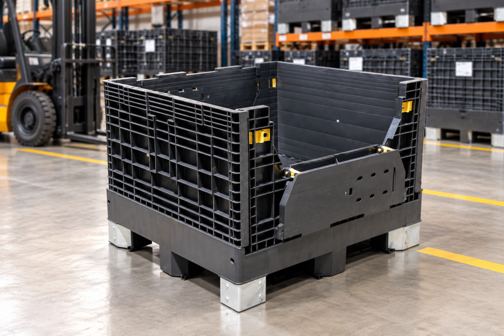 Caixa pallet GLT articulada de plástico com abertura lateral em ambiente de logística industrial